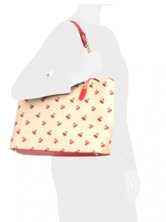 Betsey Johnson Cherry Tote Bag Scalloped Straw Red Trim Gold Chain - Picture 4 of 7